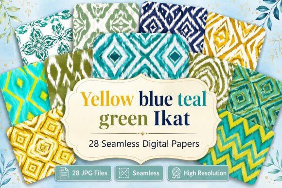 Download Yellow Blue Teal Green Ikat Papers - Premium Resources
